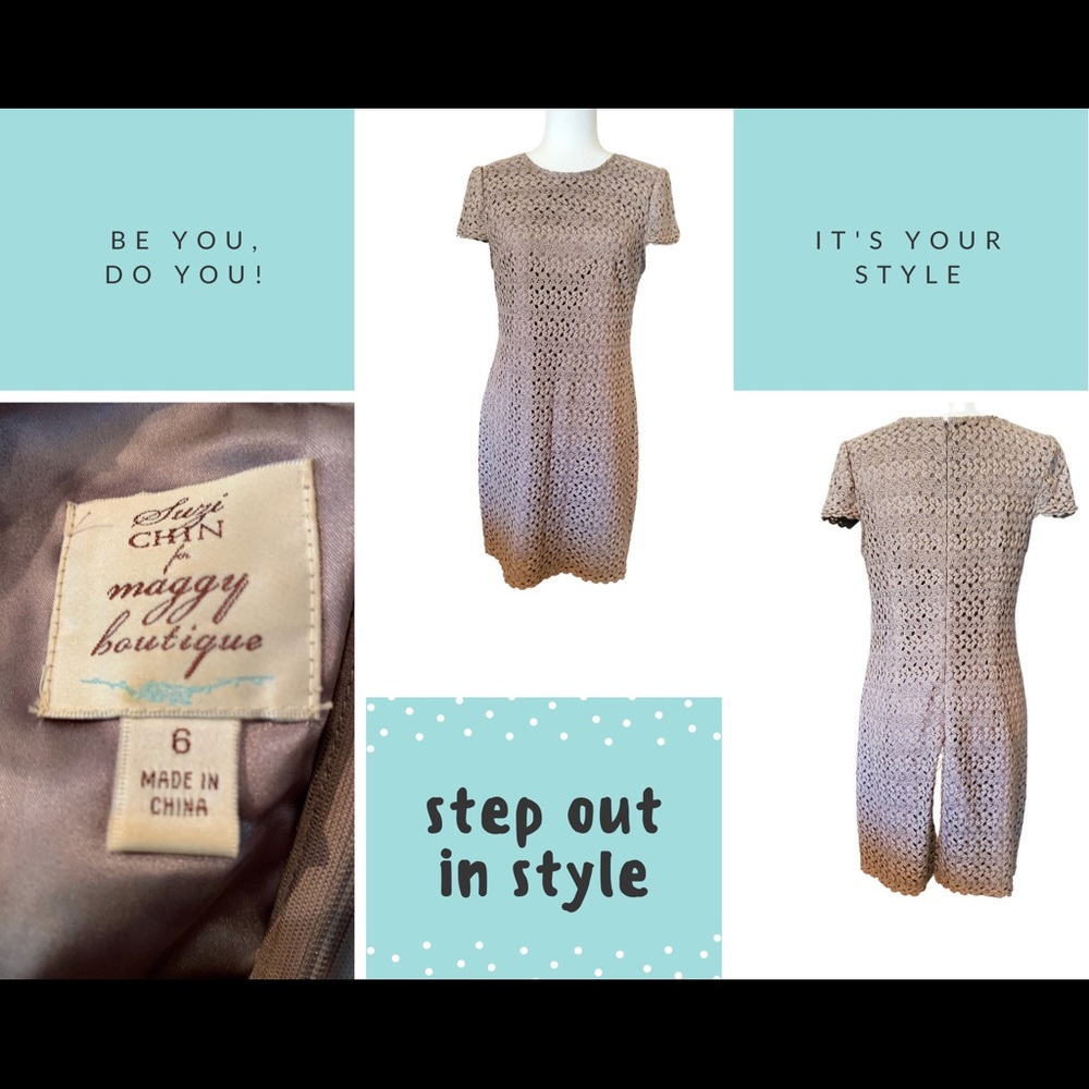 Suzy Chin Taupe Lace Shift Dress (wedding/holiday)